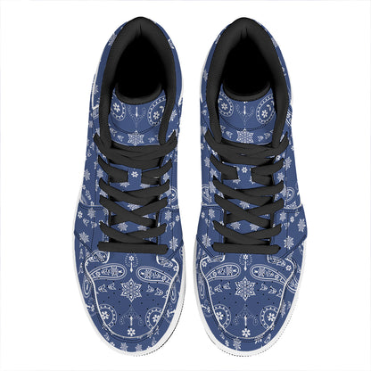 Blue Paisley Bandana Print High Top Leather Sneakers