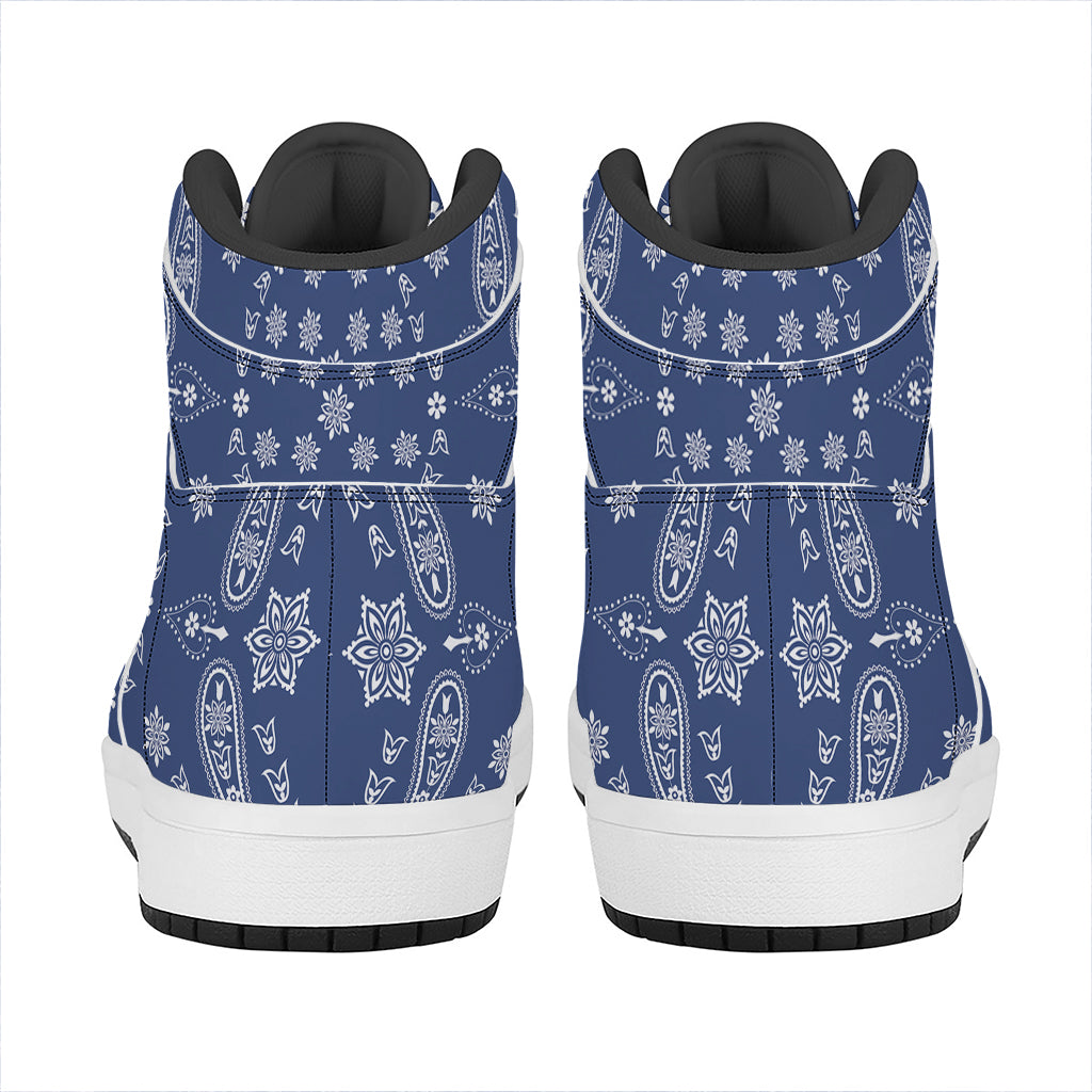 Blue Paisley Bandana Print High Top Leather Sneakers