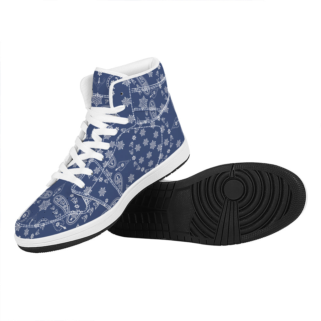 Blue Paisley Bandana Print High Top Leather Sneakers