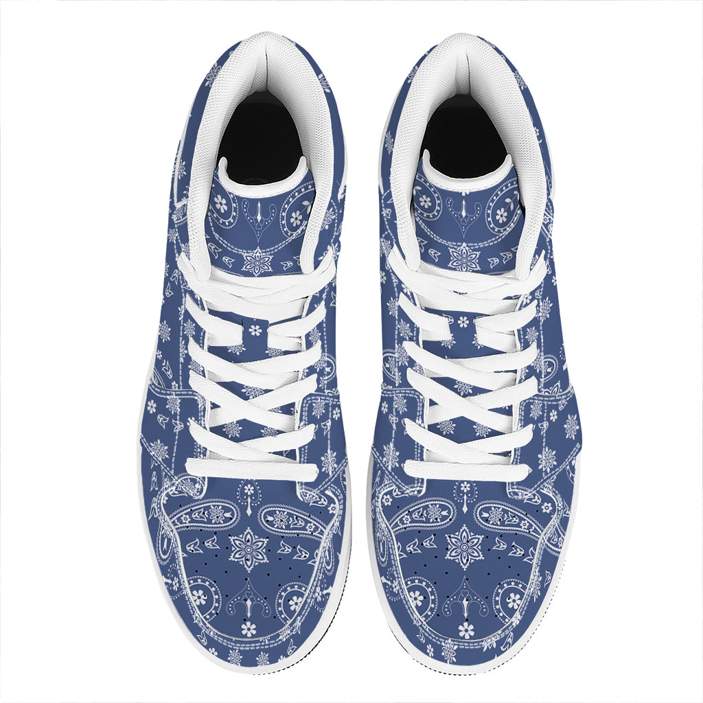 Blue Paisley Bandana Print High Top Leather Sneakers