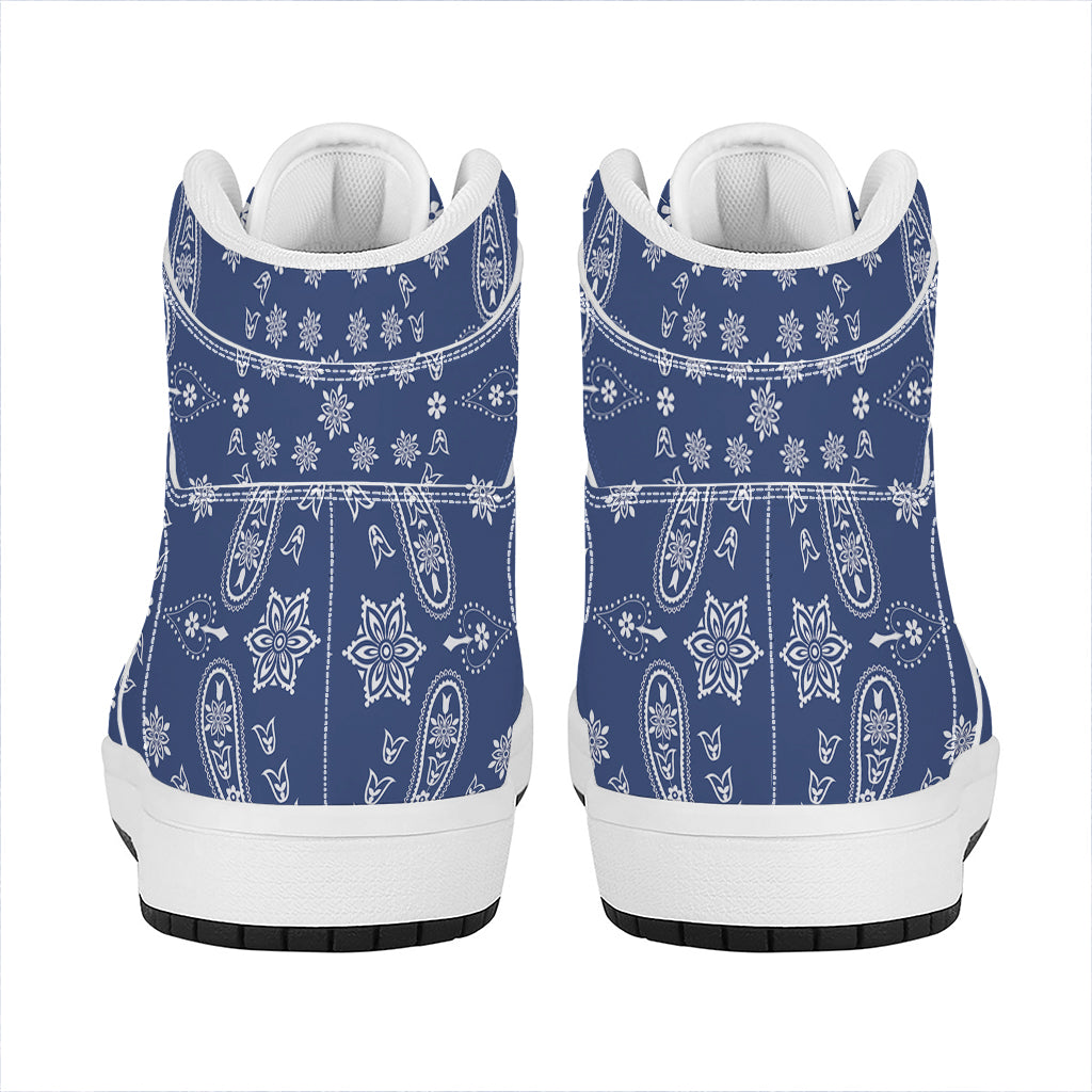 Blue Paisley Bandana Print High Top Leather Sneakers