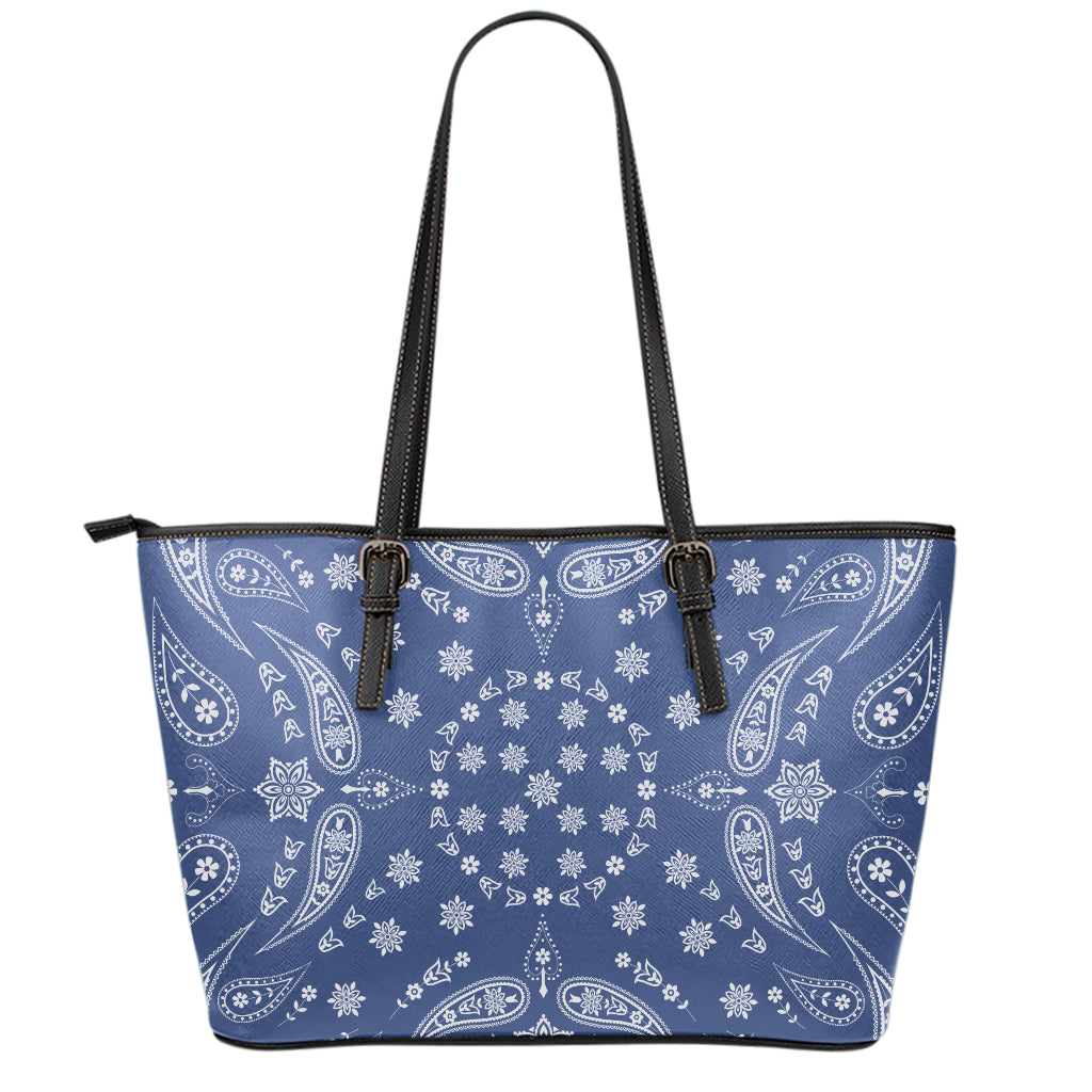 Blue Paisley Bandana Print Leather Tote Bag