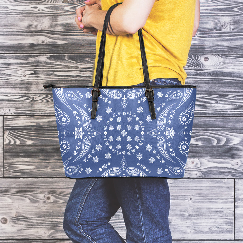 Blue Paisley Bandana Print Leather Tote Bag