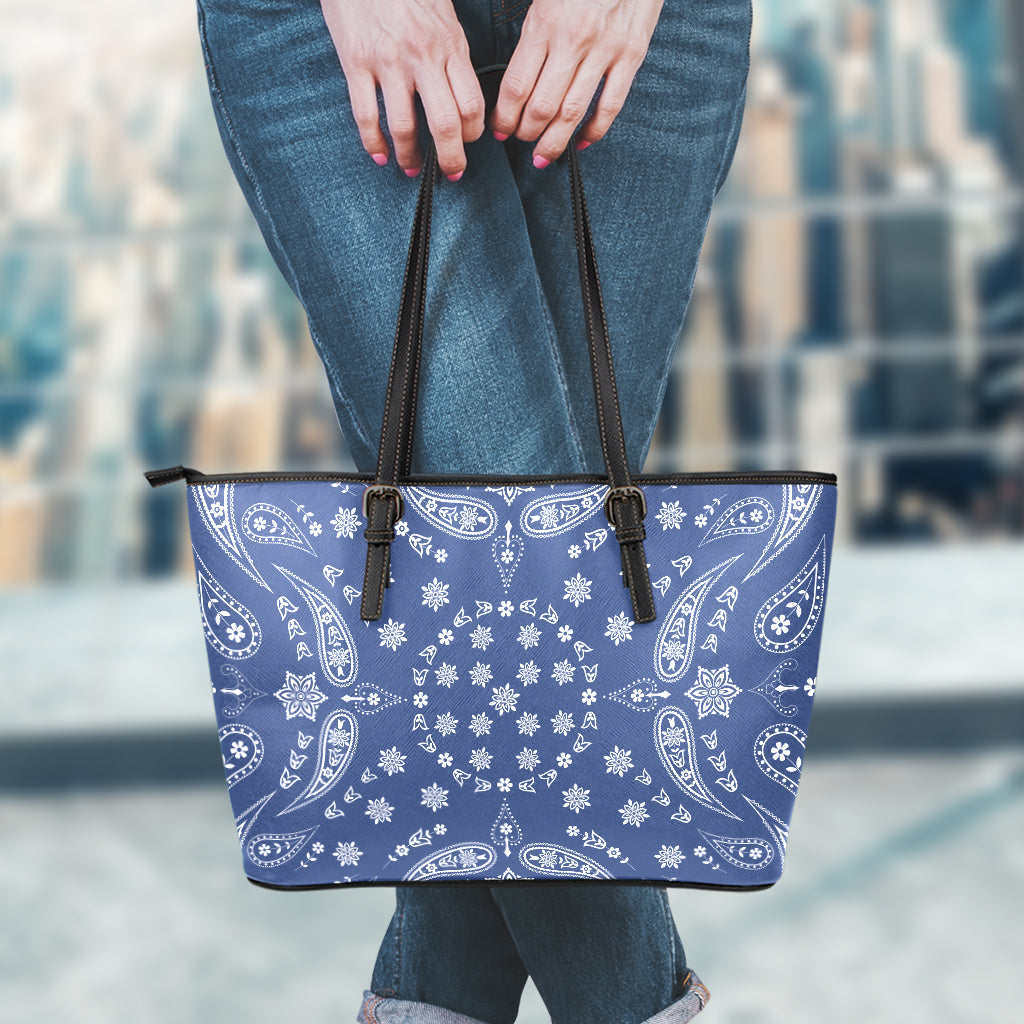 Blue Paisley Bandana Print Leather Tote Bag