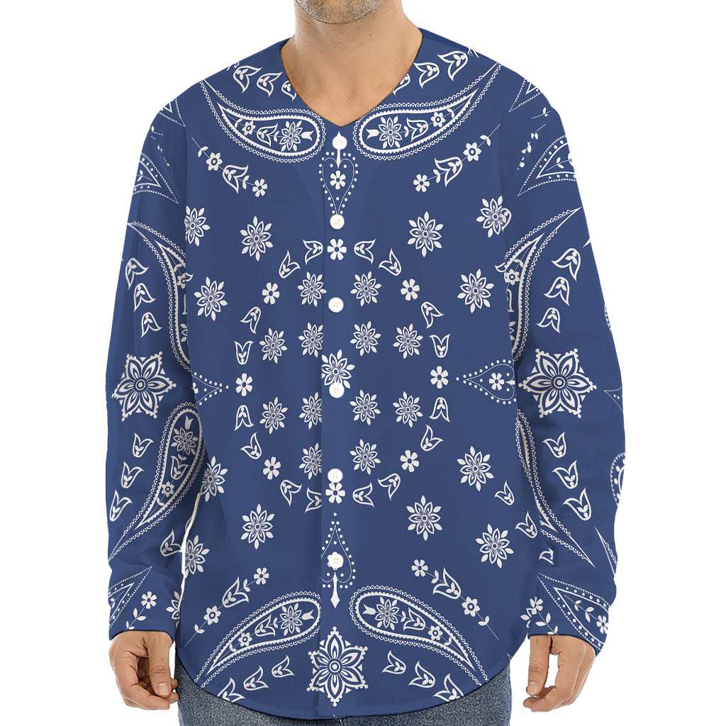 Blue Paisley Bandana Print Long Sleeve Baseball Jersey