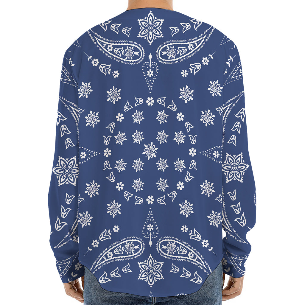 Blue Paisley Bandana Print Long Sleeve Baseball Jersey