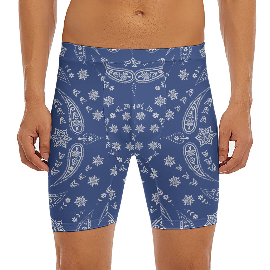 Blue Paisley Bandana Print Men's Long Boxer Briefs