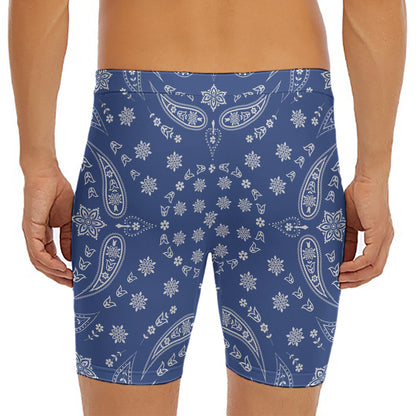 Blue Paisley Bandana Print Men's Long Boxer Briefs