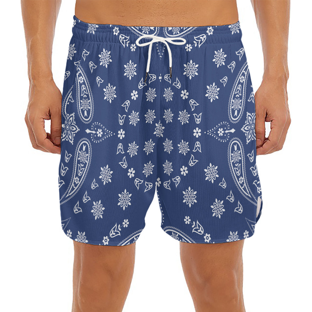 Blue Paisley Bandana Print Men's Split Running Shorts