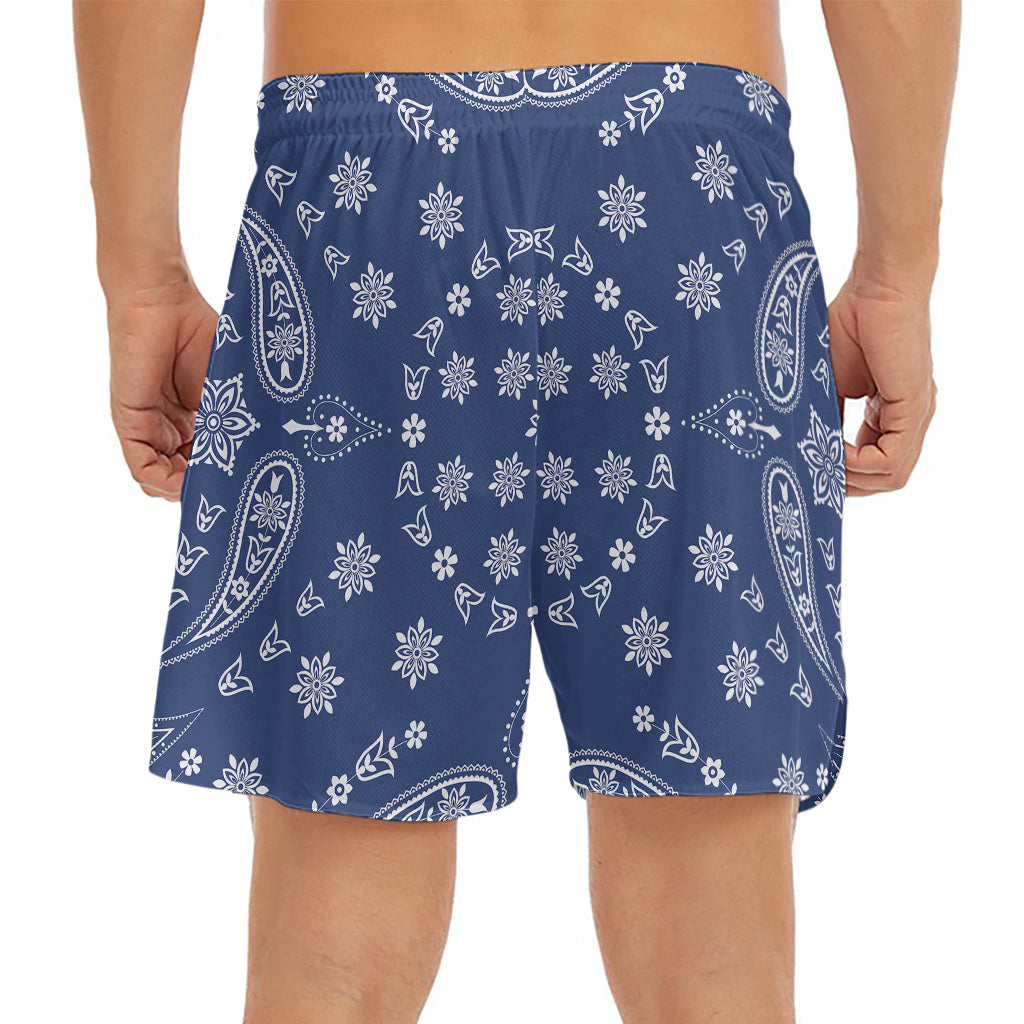 Blue Paisley Bandana Print Men's Split Running Shorts