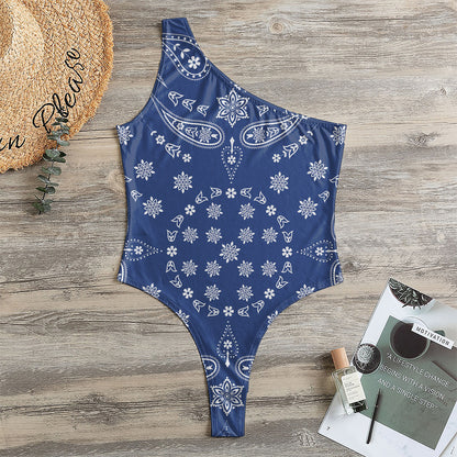 Blue Paisley Bandana Print One Shoulder Bodysuit