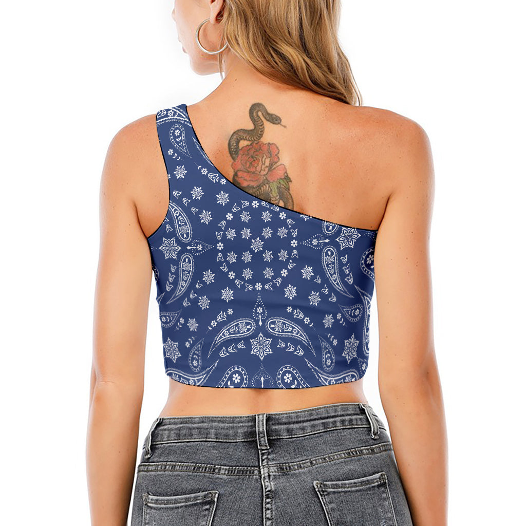 Blue Paisley Bandana Print One Shoulder Crop Top