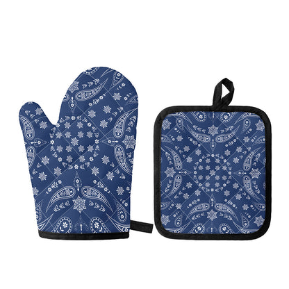 Blue Paisley Bandana Print Oven Mitt And Pot Holder Set