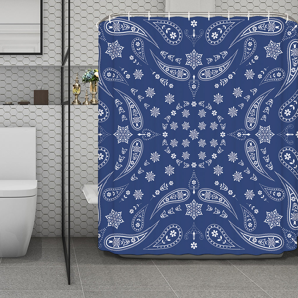 Blue Paisley Bandana Print Polyester Shower Curtain