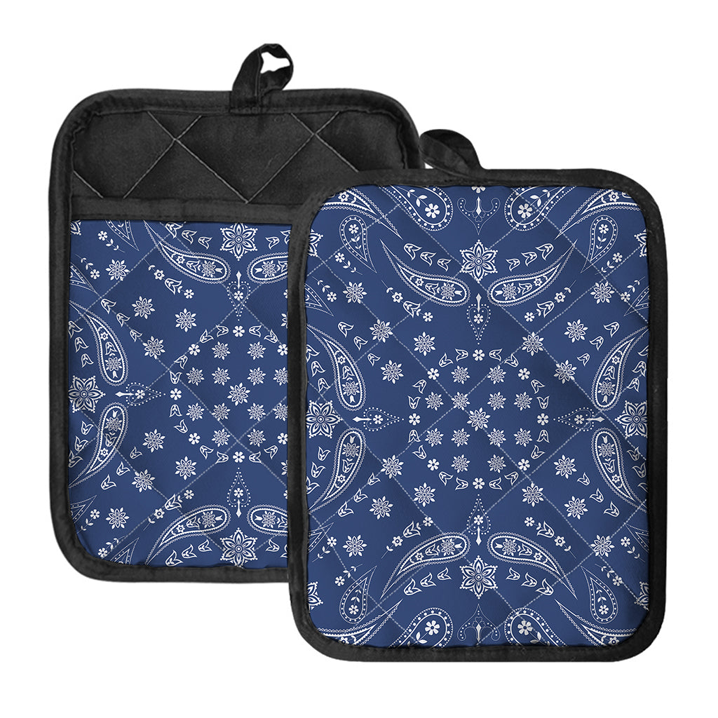 Blue Paisley Bandana Print Pot Holders With Pocket