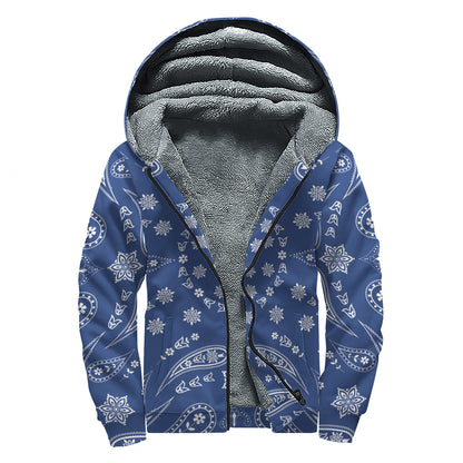 Blue Paisley Bandana Print Sherpa Lined Zip Up Hoodie