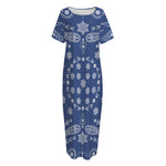 Blue Paisley Bandana Print Short Sleeve Long Nightdress