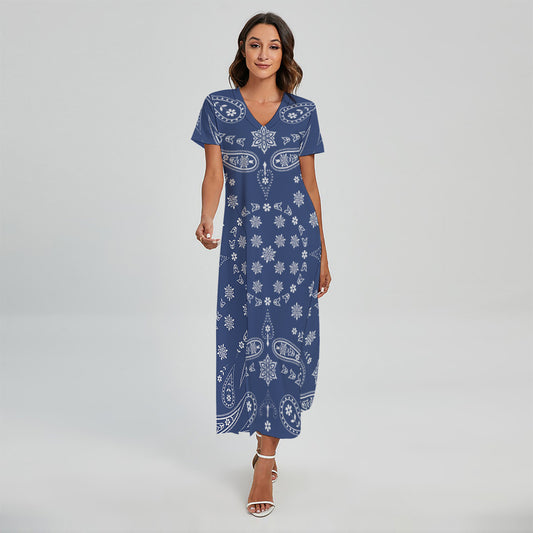 Blue Paisley Bandana Print Short Sleeve Maxi Dress