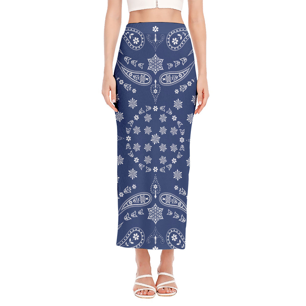 Blue Paisley Bandana Print Side Slit Maxi Skirt