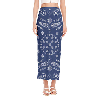 Blue Paisley Bandana Print Side Slit Maxi Skirt