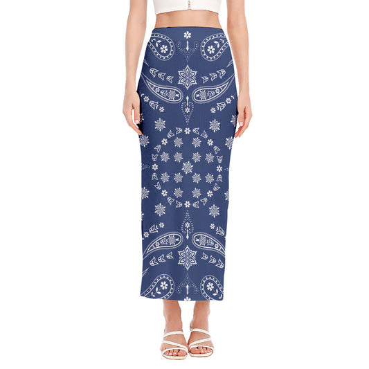 Blue Paisley Bandana Print Side Slit Maxi Skirt