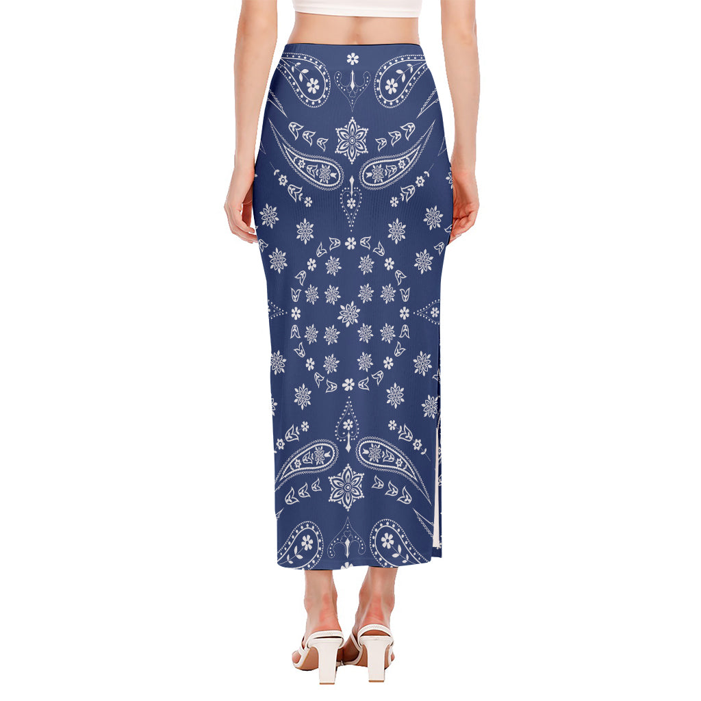 Blue Paisley Bandana Print Side Slit Maxi Skirt