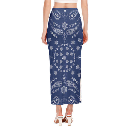 Blue Paisley Bandana Print Side Slit Maxi Skirt