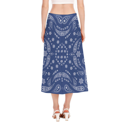 Blue Paisley Bandana Print Side Slit Midi Skirt