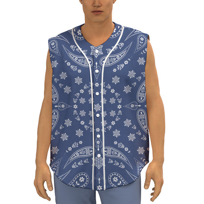 Blue Paisley Bandana Print Sleeveless Baseball Jersey