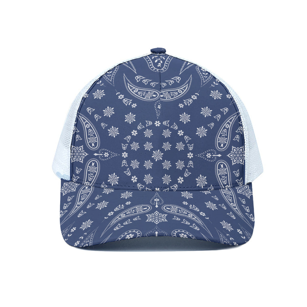 Blue Paisley Bandana Print White Mesh Trucker Cap