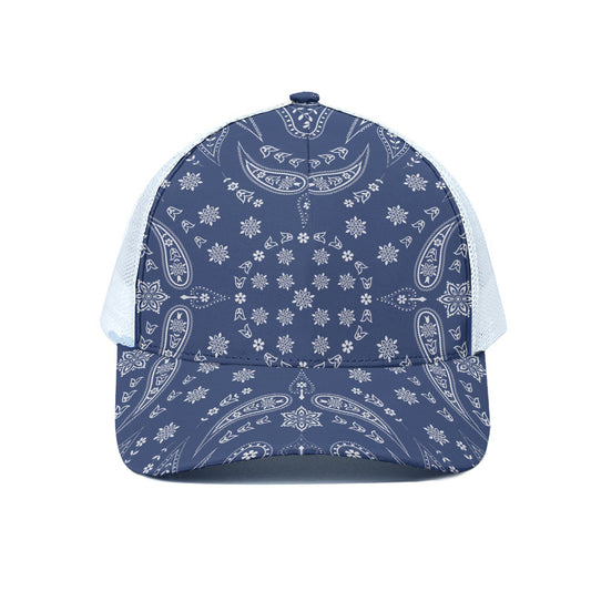 Blue Paisley Bandana Print White Mesh Trucker Cap
