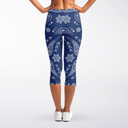Blue Paisley Bandana Print Women's Capri Leggings