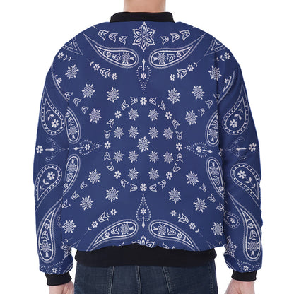 Blue Paisley Bandana Print Zip Sleeve Bomber Jacket
