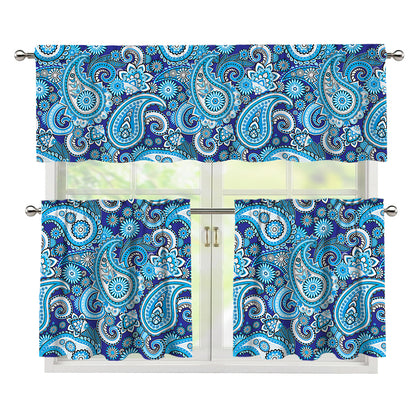 Blue Paisley Pattern Print 3 Piece Kitchen Curtains