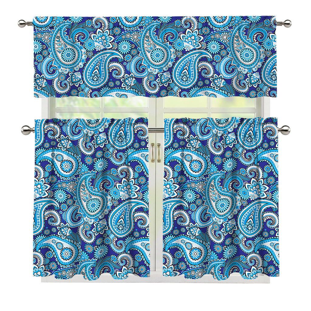 Blue Paisley Pattern Print 3 Piece Kitchen Curtains