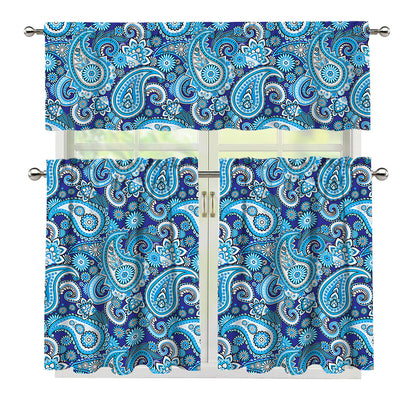 Blue Paisley Pattern Print 3 Piece Kitchen Curtains