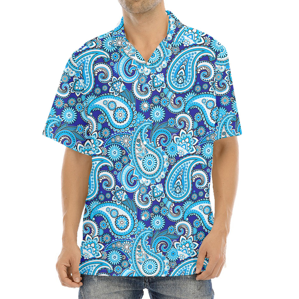 Blue Paisley Pattern Print Aloha Shirt