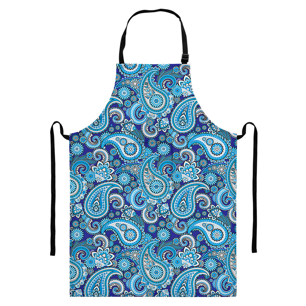 Blue Paisley Pattern Print Bib Apron With Pocket