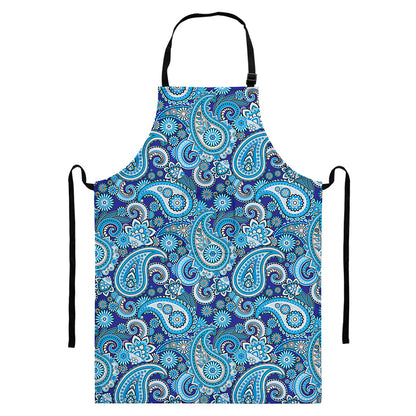 Blue Paisley Pattern Print Bib Apron With Pocket