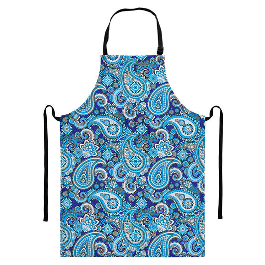 Blue Paisley Pattern Print Bib Apron With Pocket