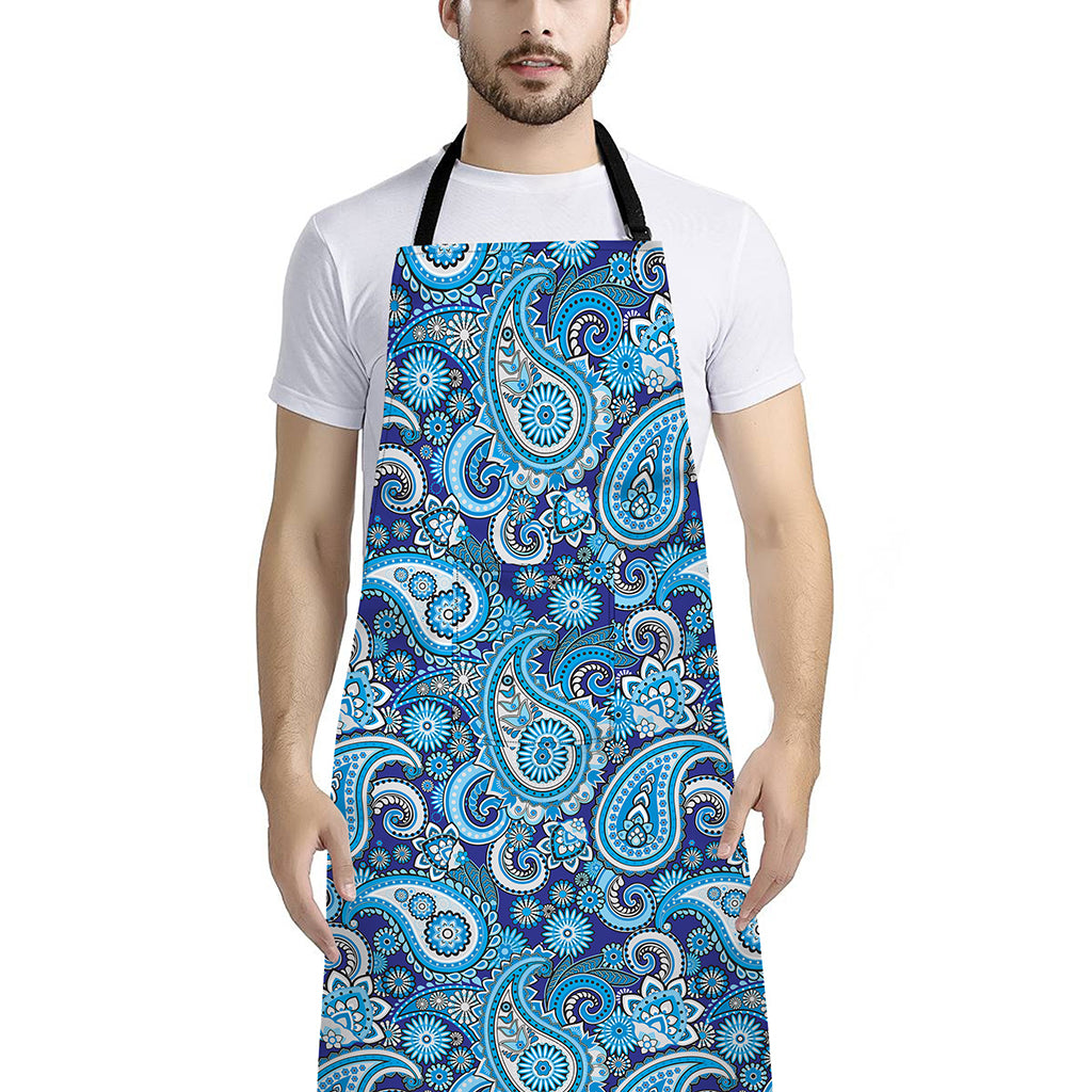 Blue Paisley Pattern Print Bib Apron With Pocket