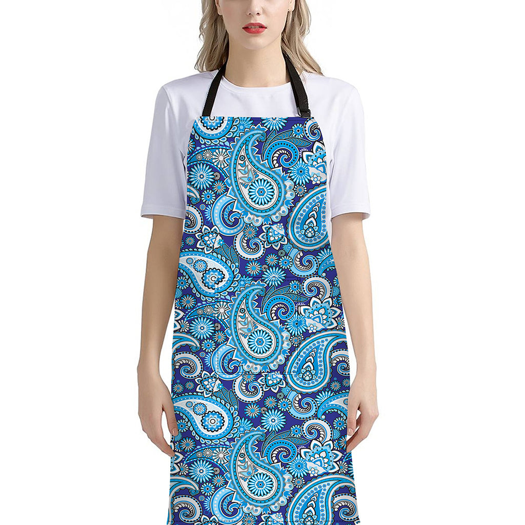 Blue Paisley Pattern Print Bib Apron With Pocket