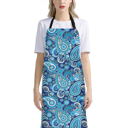 Blue Paisley Pattern Print Bib Apron With Pocket