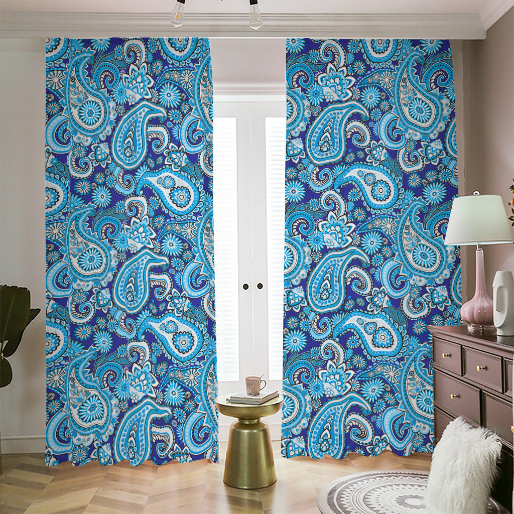 Blue Paisley Pattern Print Blackout Pencil Pleat Curtains