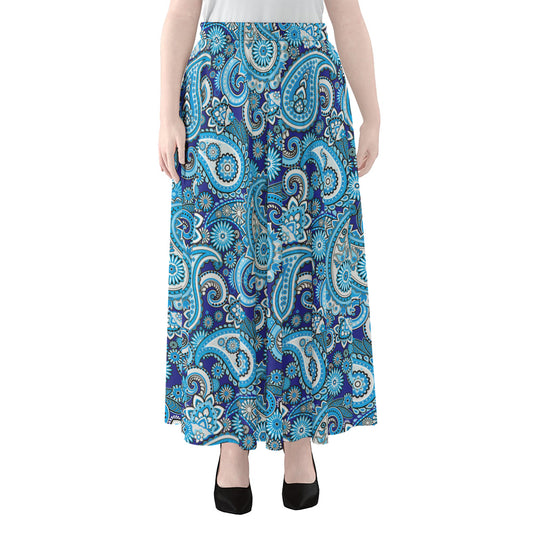 Blue Paisley Pattern Print Chiffon Maxi Skirt