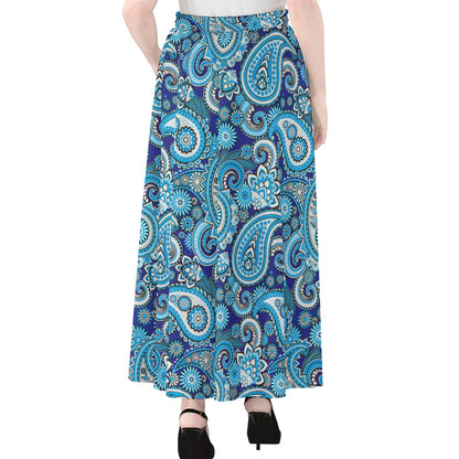 Blue Paisley Pattern Print Chiffon Maxi Skirt