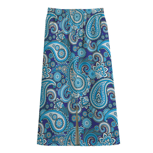 Blue Paisley Pattern Print Cotton Front Slit Maxi Skirt