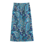 Blue Paisley Pattern Print Cotton Front Slit Maxi Skirt