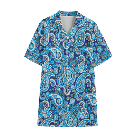 Blue Paisley Pattern Print Cotton Hawaiian Shirt