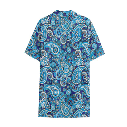 Blue Paisley Pattern Print Cotton Hawaiian Shirt